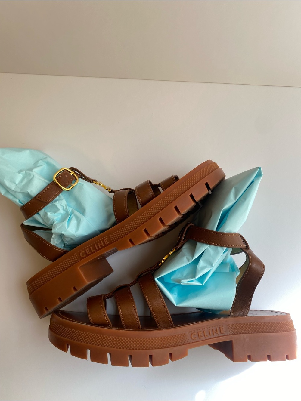 Celine Brown Leather Platform Sandals with Gold Buckle Size 40EU/9US